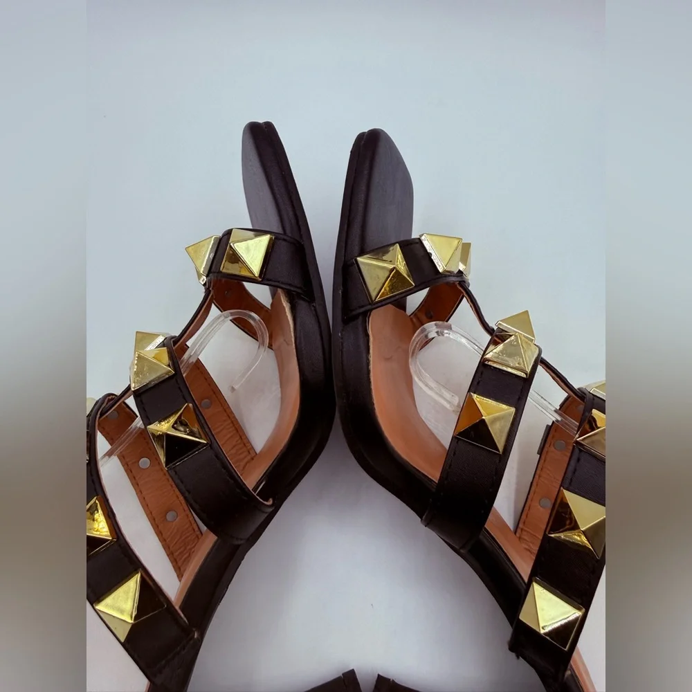 Nicole Miller NY Gold Studded Black Heeled Sandals – Ankle Strap Fashion Heels - Picture 6 of 16